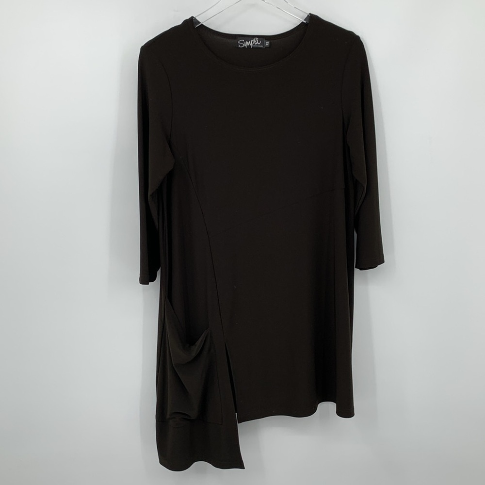 Sympli jersey knit trapeze tunic top shirt blouse stretch long pocket brown 12 L